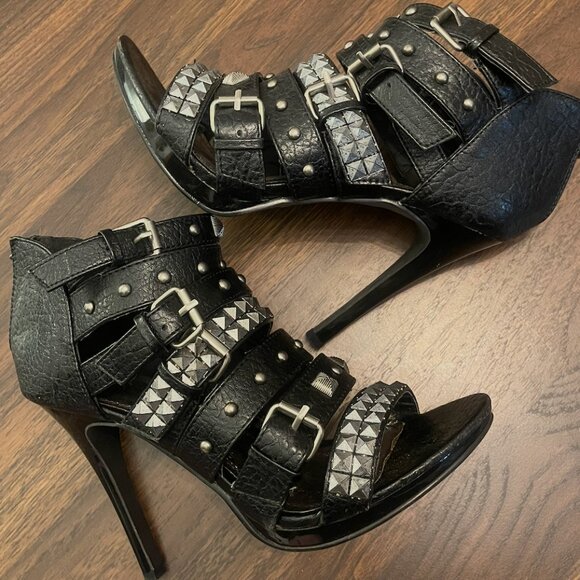 Anne Michelle Maneater Studded High Heels Black Stilettos Club Edgy Stud Sandal - Picture 1 of 7